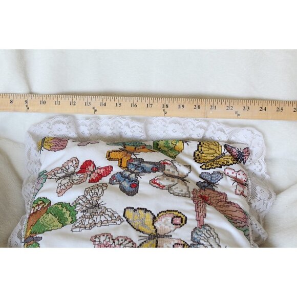 Handmade Butterflies Needlepoint Pillow cross stitch Multicolor Lace edges - Picture 3 of 12